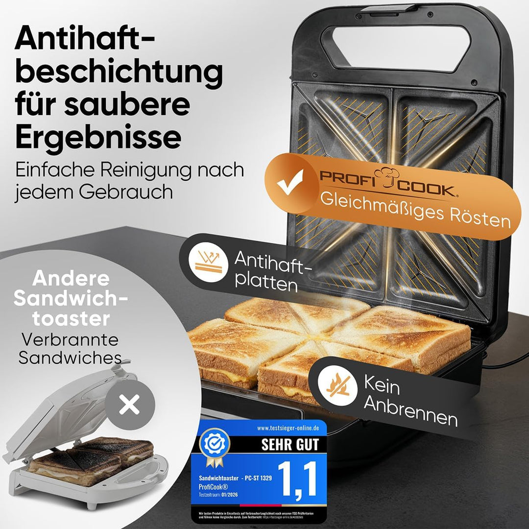 ProfiCook® Sandwichmaker für 4 Sandwiches gleichzeitig | Antihaft-Platten | kein Anbrennen | Sandwic