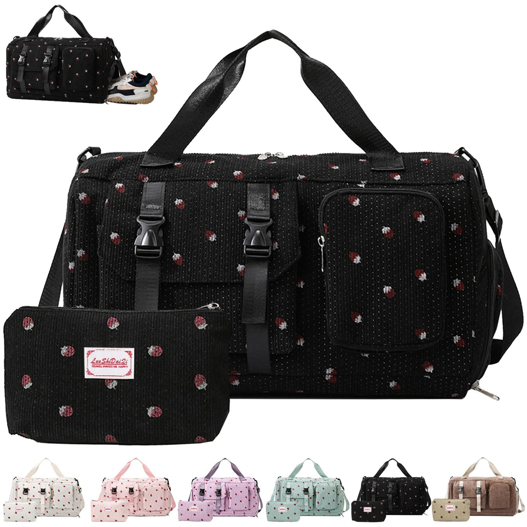Reisetasche Damen, Sporttasche Damen mit Schuhfach, Nassfach and Kleine Geldbörse, Erdbeere Gym Bag,