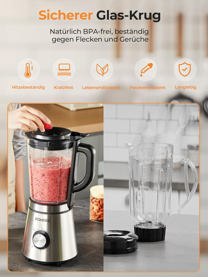 FOHERE Standmixer, 1100W Spitze, 1.5-Liter-Behälter, 5 Geschwindigkeitsstufe + Impulsfunktion, Mixer