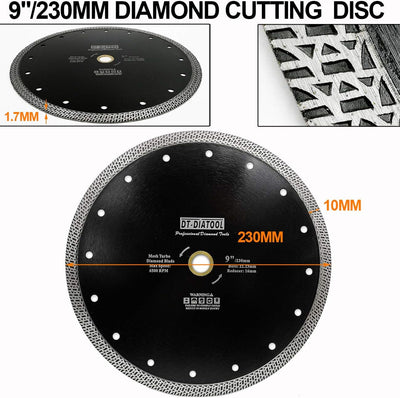 DT-DIATOOL Diamant Trennscheibe 230 mm x 22,23 mm/16 mm Sägeblatt mit Mesh Turbo für Porzellan Flies