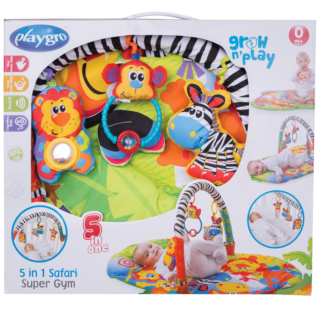 Playgro Krabbeldecke mit Spielbogen, Mit abnehmbarem Spielzeug, Ab 0 Monate, Safari Super Gym, Bunt,
