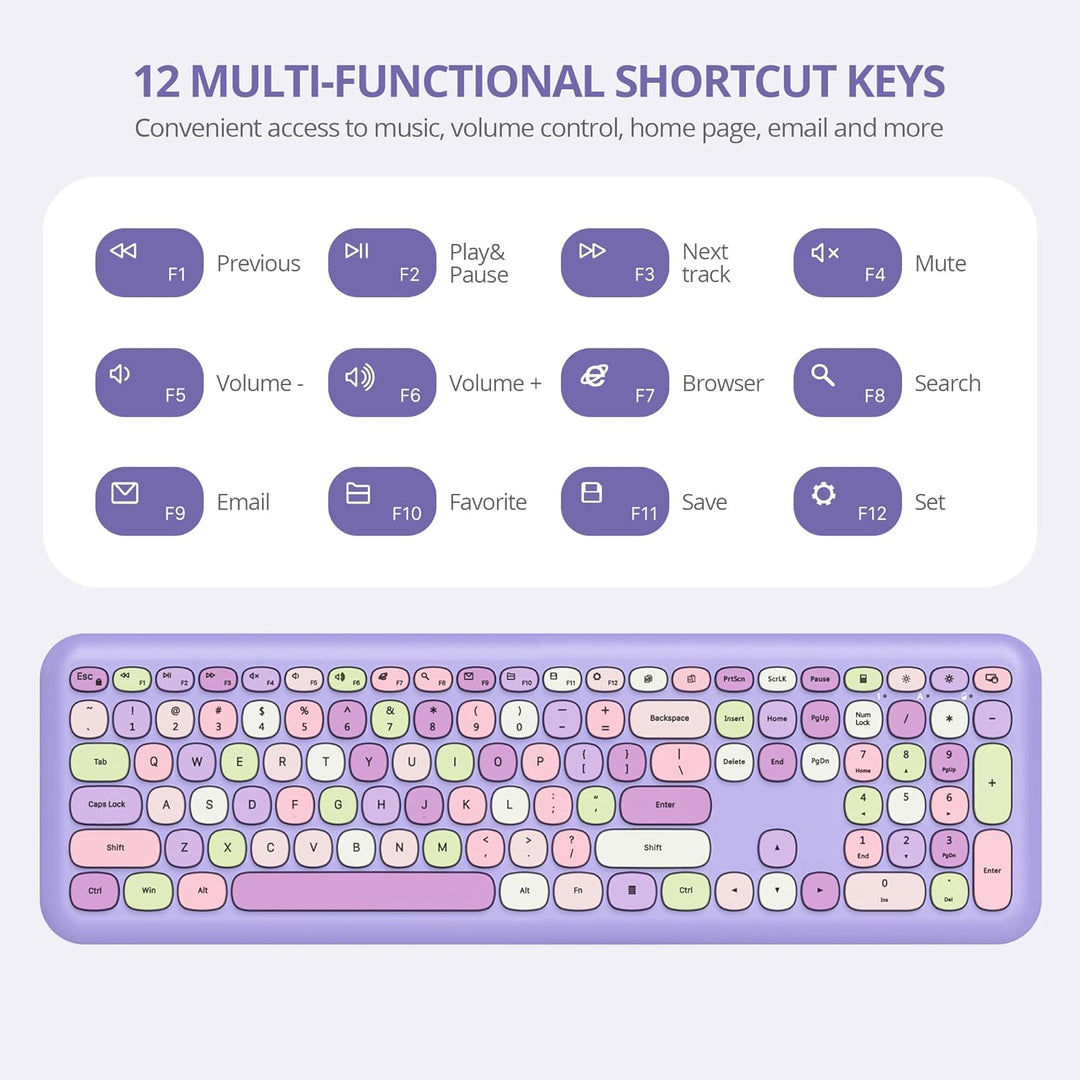 SOLIDEE Buntes kabellose Tastatur und Maus-Kombination,2.4GHz Retro Schreibmaschine Tastatur,104 Tas