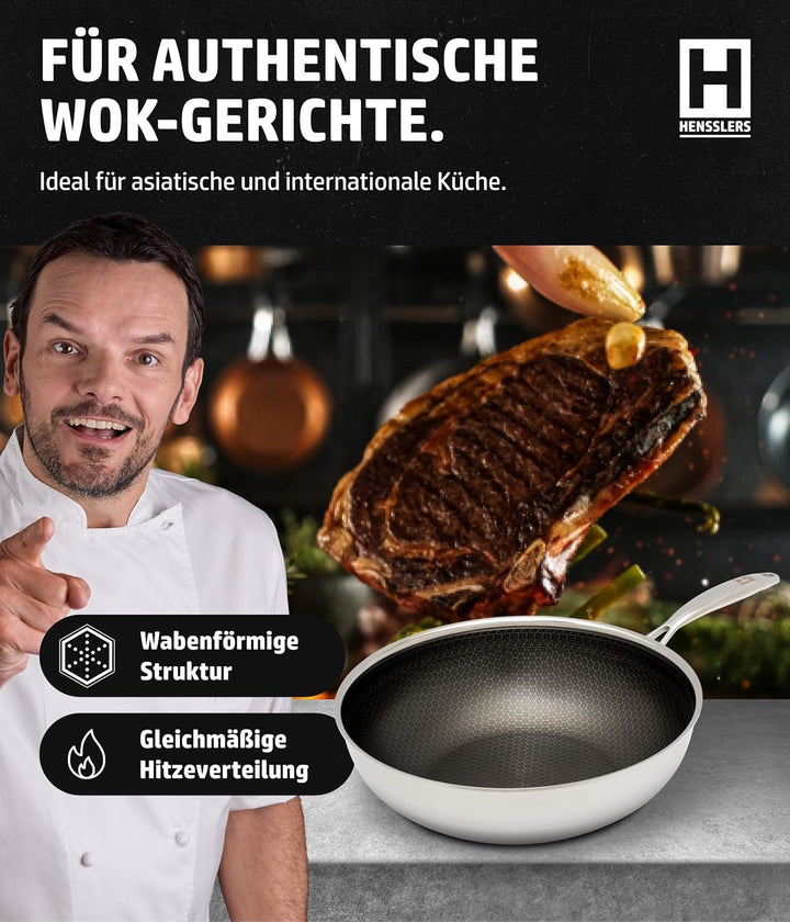 HENSSLERS® Wokpfanne 30cm [EDELSTAHL &amp; ALUMINIUM] - Hochwertige Wok Pfanne geeignet für alle Herdart
