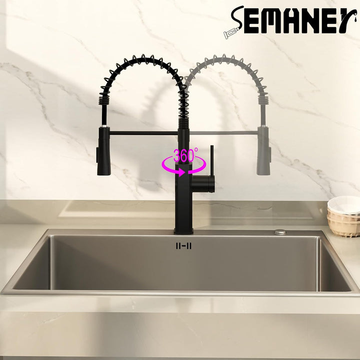 Wasserhahn Küche Schwarz, SEMANEY Hochdruck Küchenarmatur Ausziehbar, Armatur Küche mit Brause 2 Str