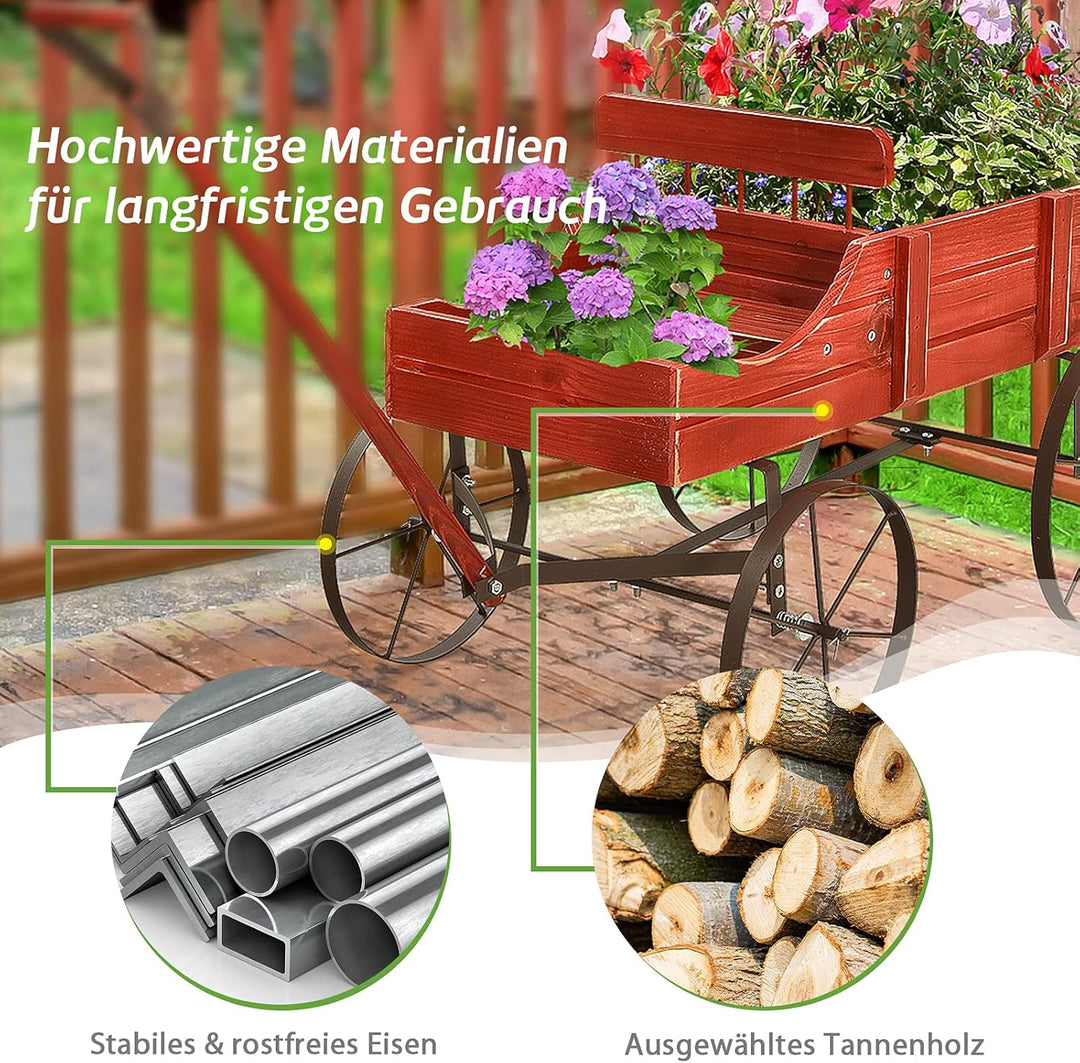 COSTWAY Blumenständer Holzwagen Pflanzwagen Blumenwagen mit Metall Rädern Blumenkasten Pflanzenständ