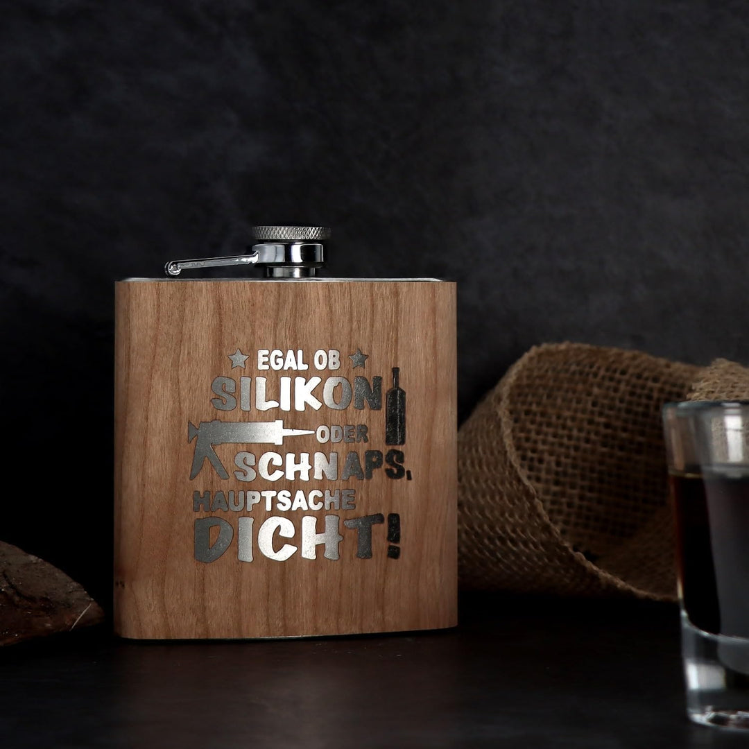 Spruchreif | Flachmann aus Edelstahl mit Gravur | Flachmann aus Holz | Outdoor Geschenk | Geschenkid