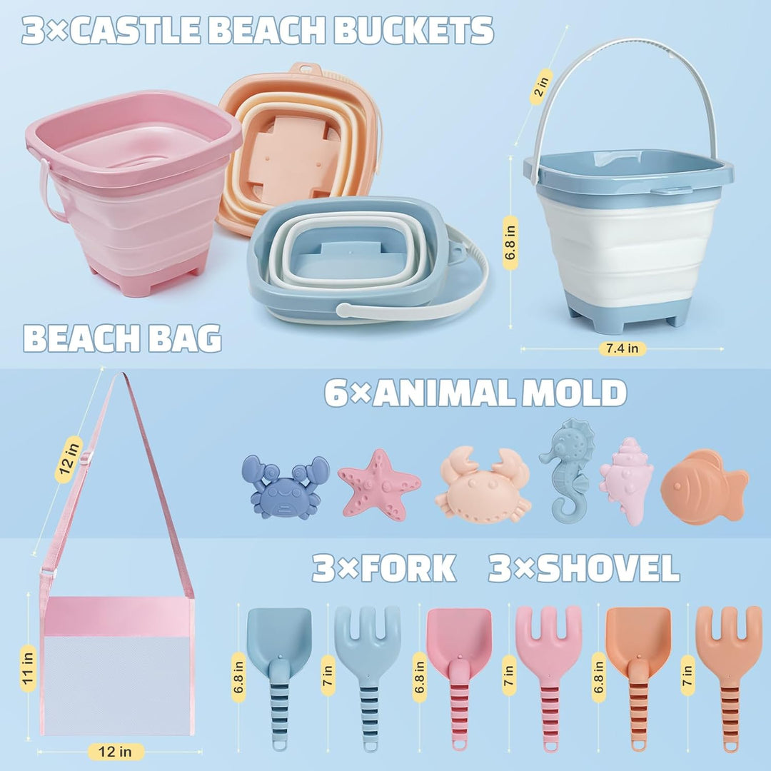 Dreamon Sandspielzeug Strandspielzeug Kinder, 18 PCS Reise Sandspielzeug mit Faltbarer Eimer, Sandka