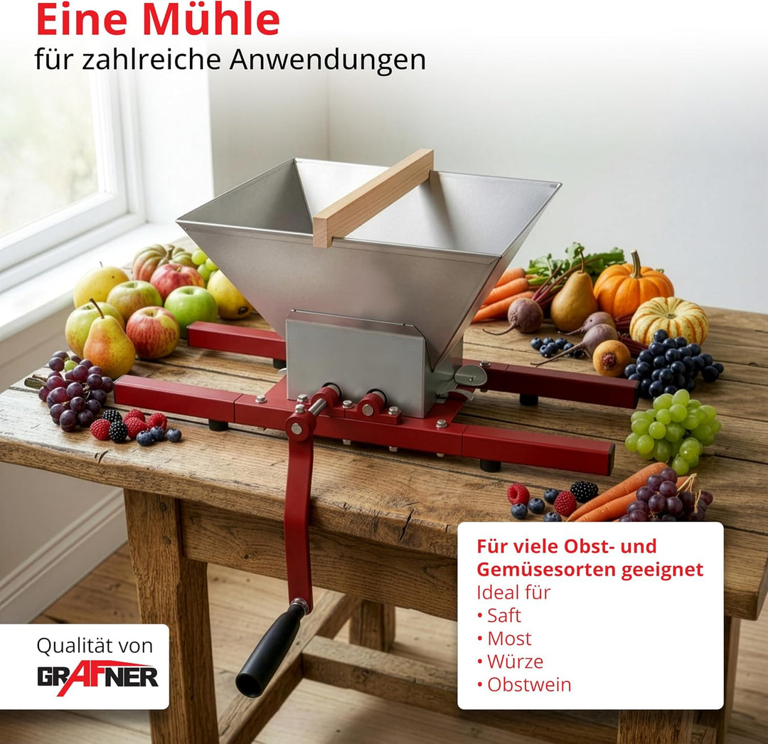 Grafner Obstmühle 7 Liter, Massive Ausführung mit Handkurbel, Apfelpresse Beerenmühle Traubenmühle S