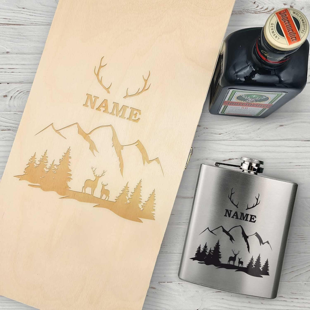 GRAVURZEILE Flachmann Geschenkset - Edelstahl Flachmann 150 ml mit Gravur im Set - inkl. Jägermeiste