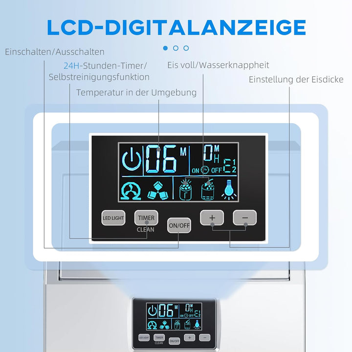HOMCOM Kommerzielle Eiswürfelmaschine 30kg/24H Eismaschine mit digitaler Steuerung, Eisportionierer,
