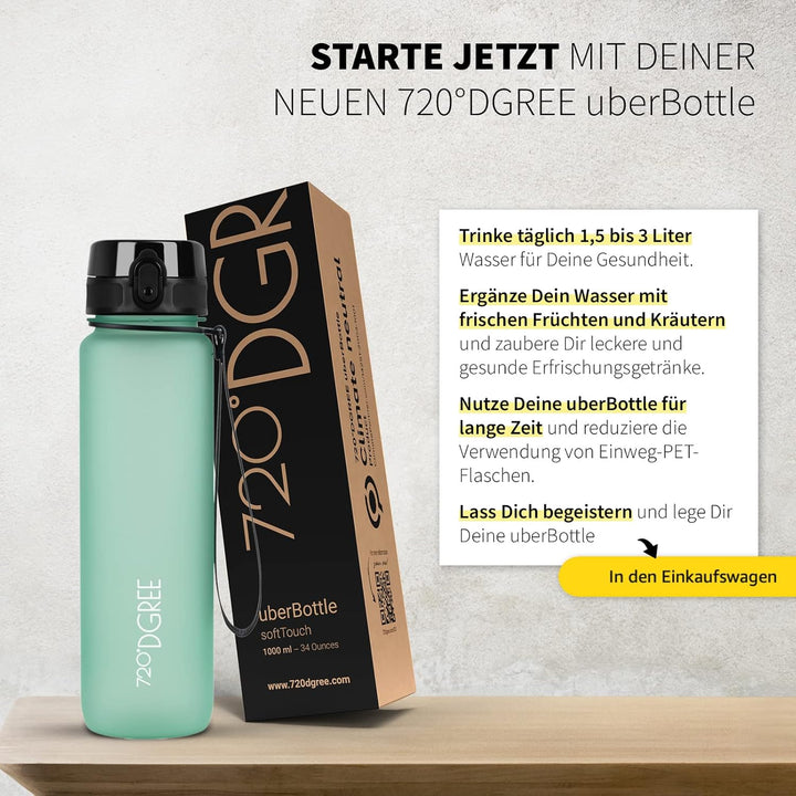 720°DGREE Trinkflasche 1l Sport “uberBottle“ softTouch +Sieb - BPA-Frei - Wasserflasche für Uni, Arb