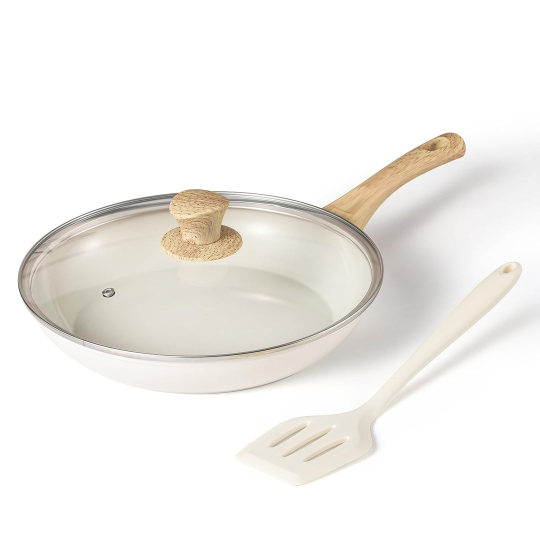 MSMK 28cm Keramik-Antihaft-Bratpfanne mit Deckel und weissem Schlitzwender, Holzmaserungsgriff, PFOA