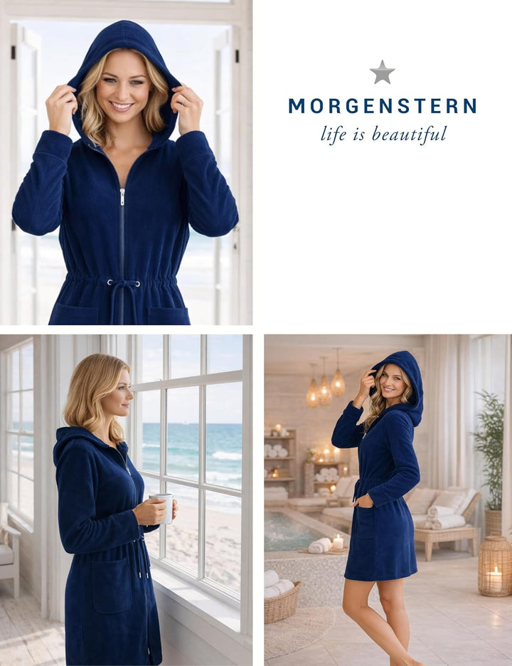 Morgenstern Bademantel Damen Reissverschluss Kapuze Frottee Leicht Kurz Emily L Dunkelblau, L Dunkel