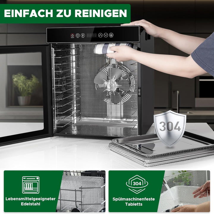 Kwasyo Dörrautomat Edelstahl, Dörrgerät 12 Etagen Ganz in Schwarz, 30-90℃ Temperaturregelung, 24 Stu
