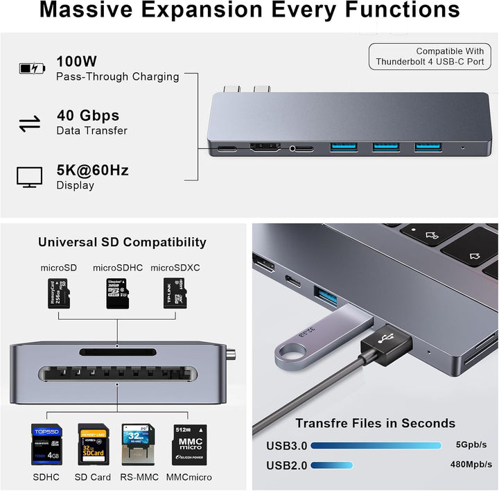 USB C Hub, 8 IN 2 USB Adapter für MacBook Pro Air, Thunderbolt 4 Dock 100W PD, 40Gbps, 4K HDMI, USB
