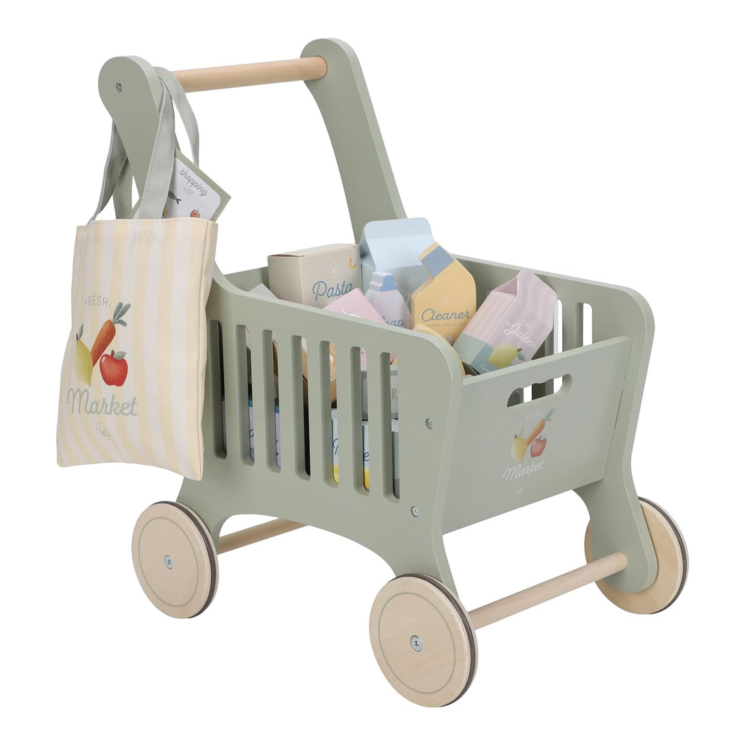 Little Dutch Einkaufswagen inkl. Einkaufstasche und Lebensmitteln aus Holz für Kinder - Mint