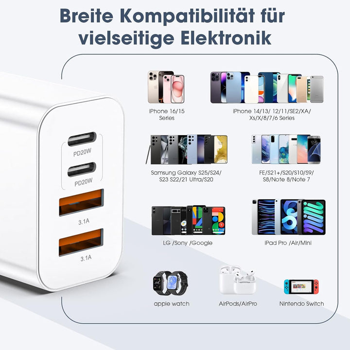 USB C Ladegerät, 40W Multiport Schnellladeblock with 4 Ports - 2 x USB-C and 2 x USB-A, Mehrfach-Wan
