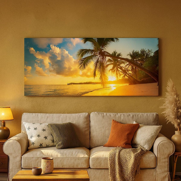 Wandbilder Dekoration Wohnzimmer Meer Strand Palme Panorama Bilder auf Leinwand 120x50cm Leinwandbil