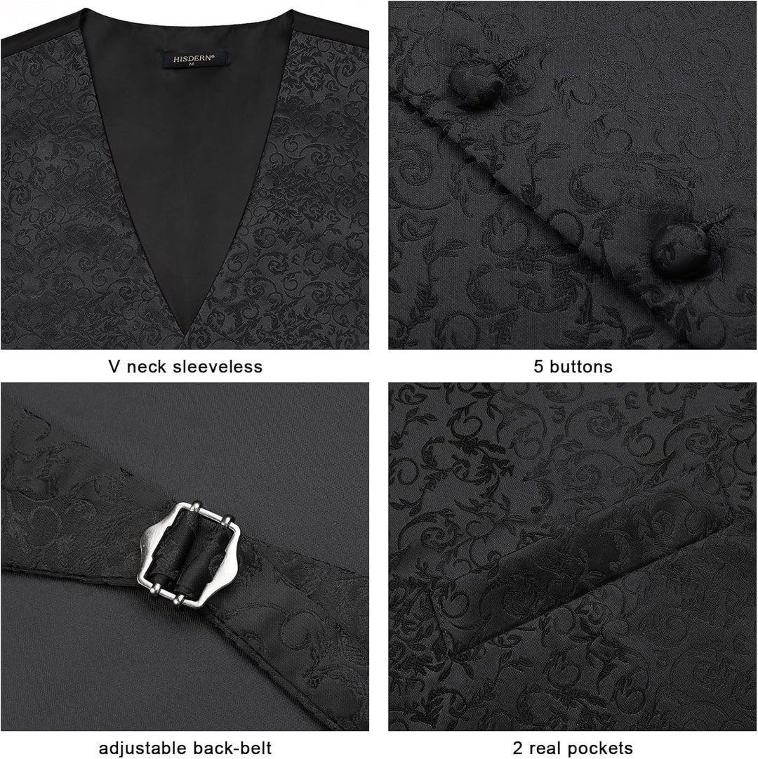 HISDERN Herren Weste Paisley Floral Jacquard Krawatte Einstecktuch Taschentuch Weste Anzug Set L Sch