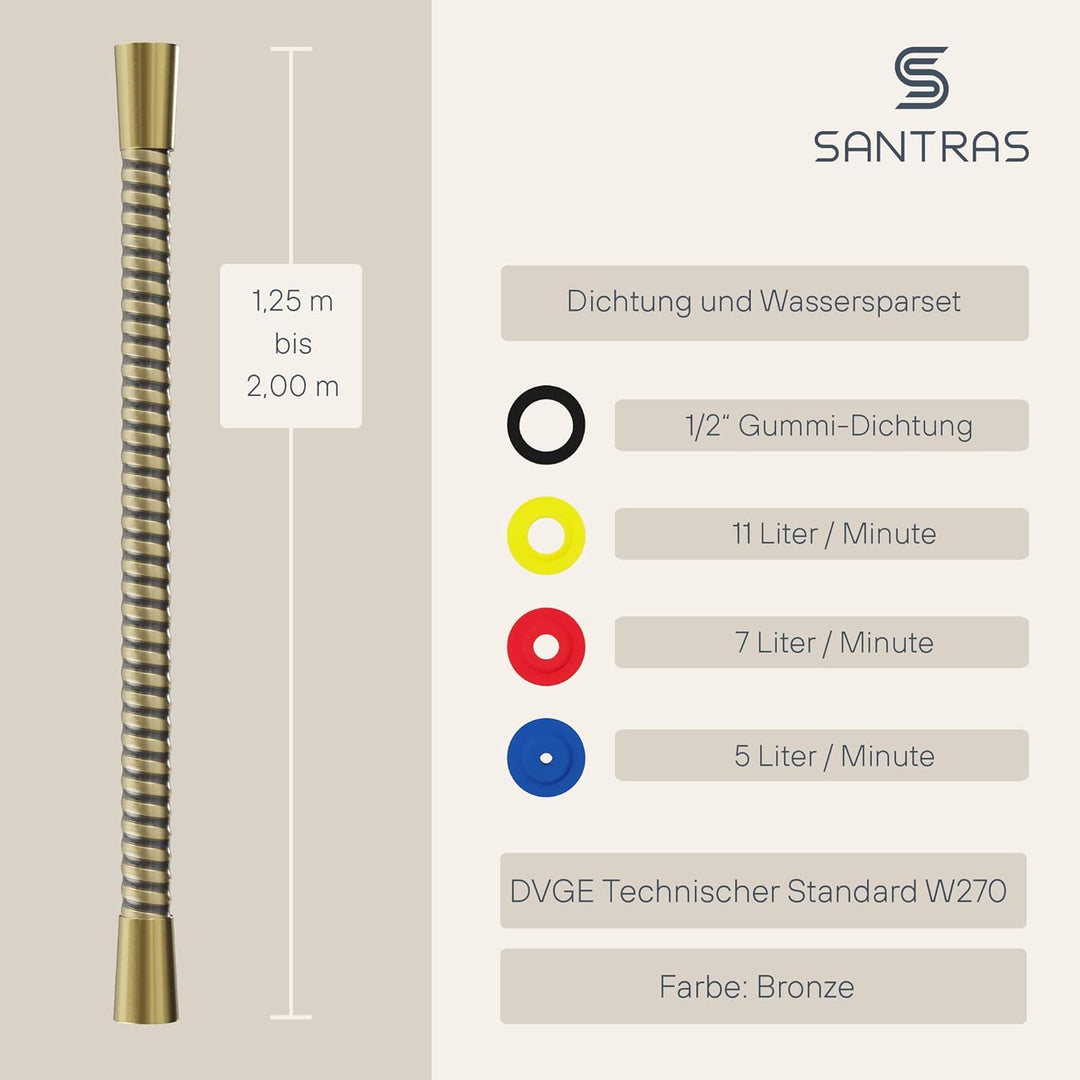 SANTRAS® Duschschlauch PREMIUM Bronze 2,00 m mit Durchflussbegrenzer – Besonders flexibler Brausesch