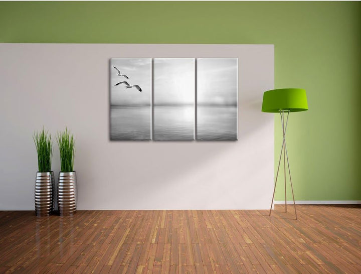 Pixxprint Möwen am Meer bei Sonnenaufgang als Leinwandbild/Grösse: 3 Teilig (120x80) cm/Wandbild/Kun