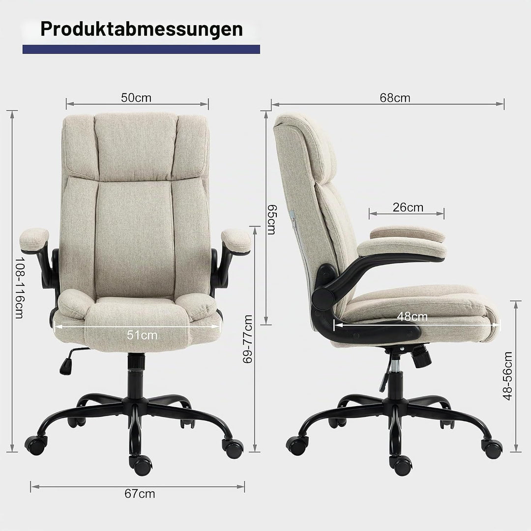 Bürostuhl Ergonomischer Computerstuhl 150KG Belastbarkeit Chefsessel Stoff Flip-up Armlehnen/110° Wi