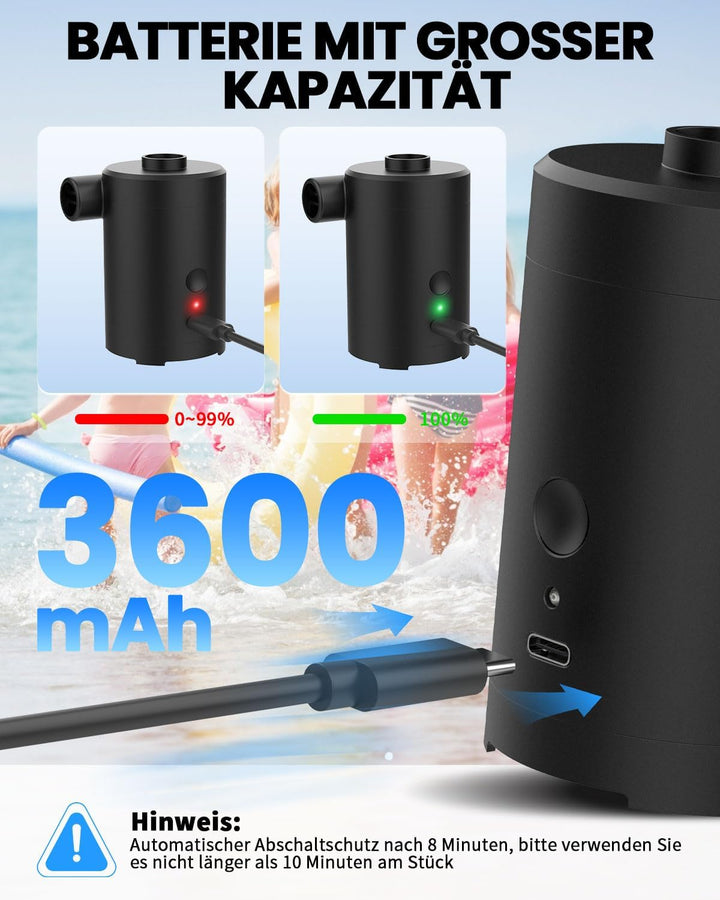 Elektrische Luftpumpe für Luftmatratze,3600mAh Akku Wiederaufladbar,Schnelles Auf- und Abpumpen,mit
