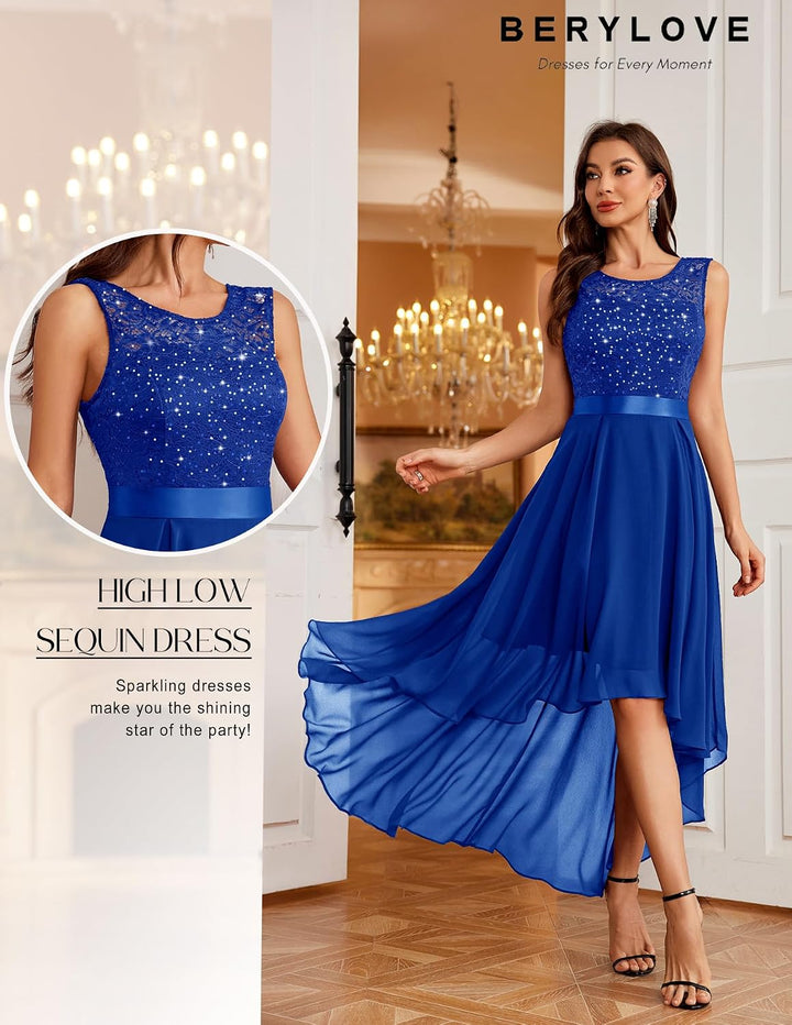 Berylove Damen Vokuhila Cocktailkleid Abendkleider Elegant für Hochzeit Festliche Kleider Ärmellos B