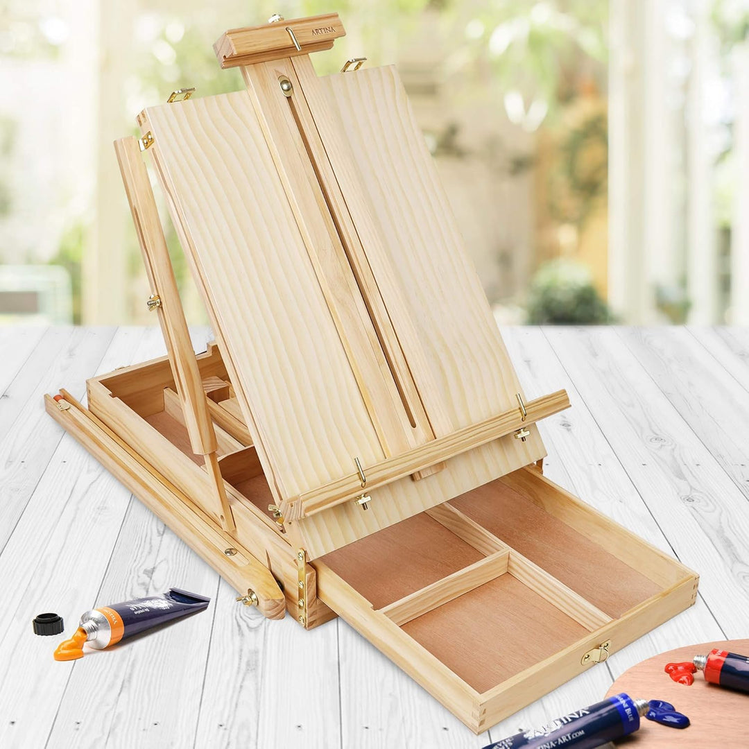 Artina Staffelei Holz Gross Leinwand bis max. 100cm Madrid – Malerstaffelei mit 90° Neigung - Tischs