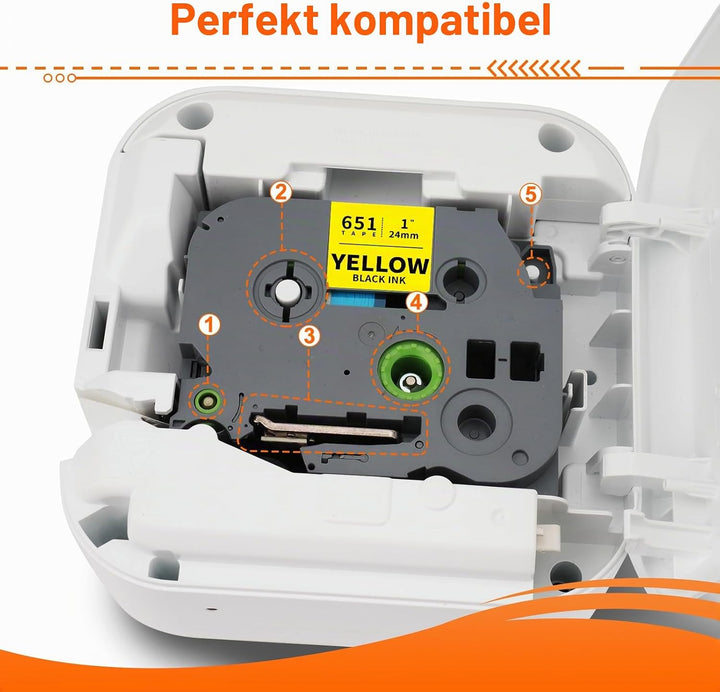 3x Labelwell 24mm x 8m kompatibel Schriftband für Brother TZe-651 TZe651 Schwarz auf Gelb Bänder für