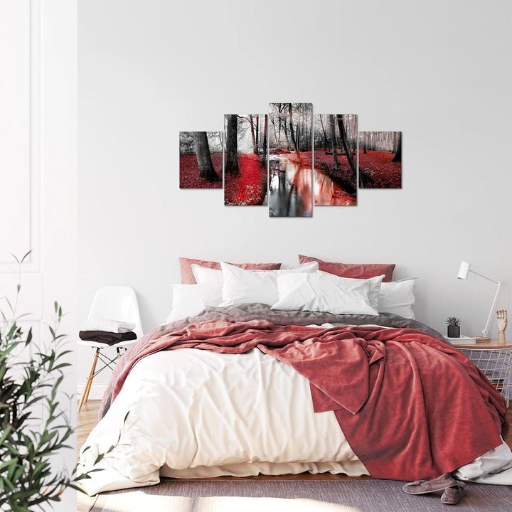 Runa Art Bild Schlafzimmer Wohnzimmer Wald Landschaft 5 Teilig Fluss Rot Wandbilder auf Vlies Leinwa