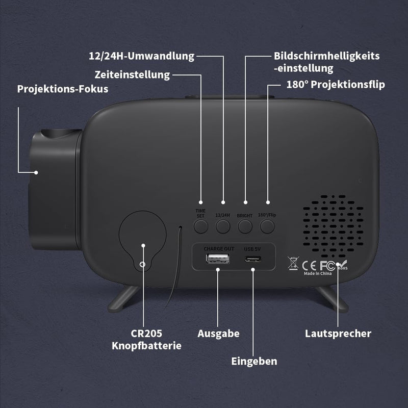 ELEHOT-Store Radiowecker mit projektion,180°Projektionswecker,12/24H Wecker Digital Snooze Funktion,