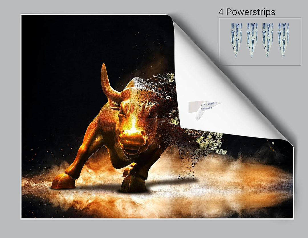 wandmotiv24 Poster als Wanddeko, Grösse 80x60cm, Goldener Stier, Dollar, Geldscheine, Geld, Tier, Mo