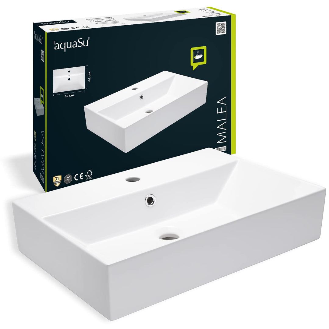 aquaSu® Moderner Waschtisch Malea 60 cm | Design-Waschbecken mit Überlauf und Hahnloch | Hänge-Wasch