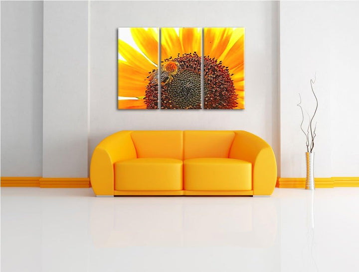 Biene auf Sonnenblume NewArt 3-Teiler Leinwandbild 120x80 Bild auf Leinwand, XXL riesige Bilder fert