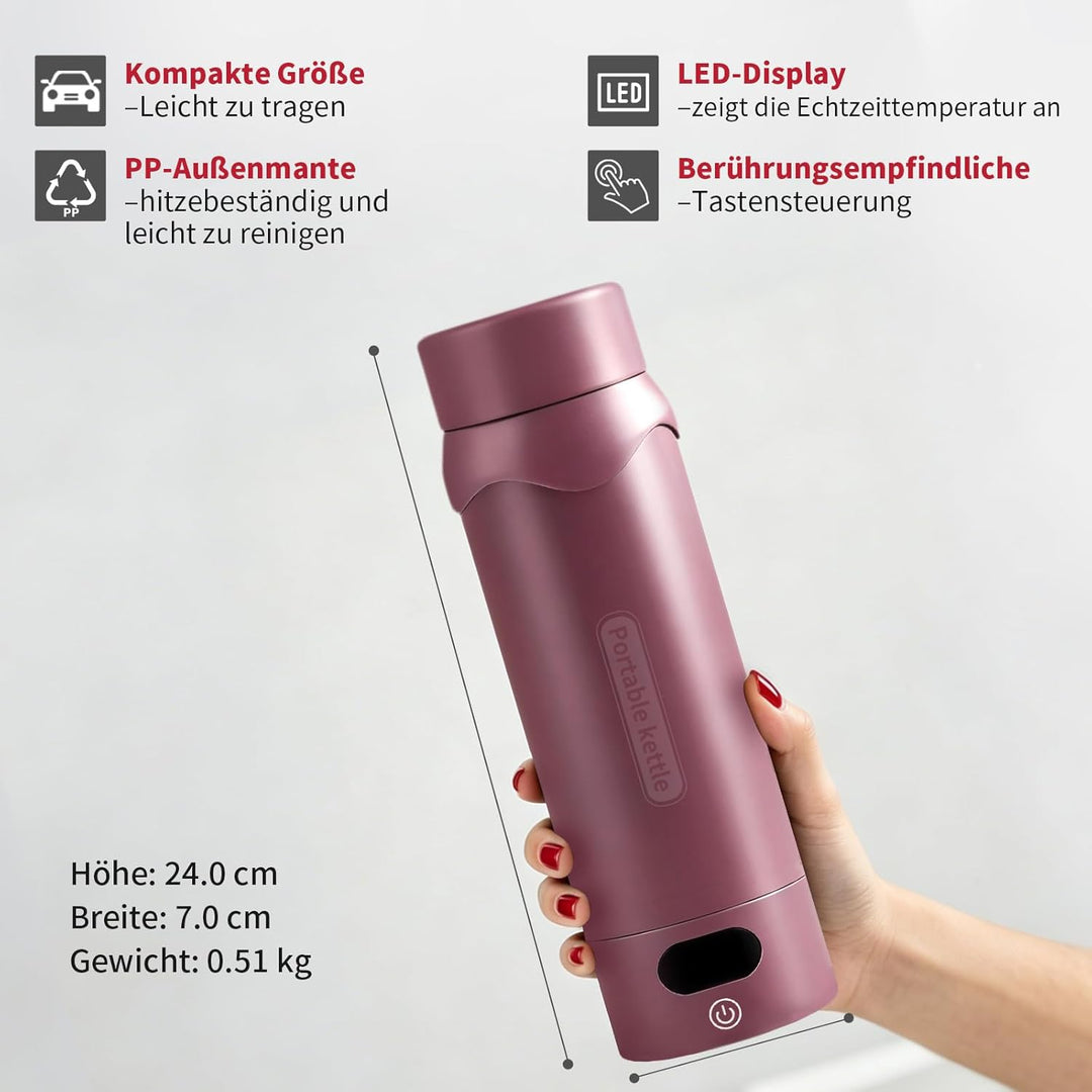 Elektrischer Reisewasserkocher mit 4 Temperaturstufen, 450ml Mini Wasserkocher aus 304 Edelstahl & V