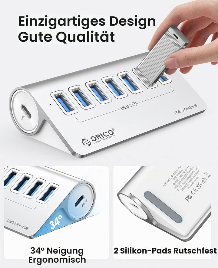 USB C Hub, ORICO USB 3.2 Gen 2 Hub, USB Verteiler 7 Port mit 10Gbps High Speed Datenübertragung, Alu