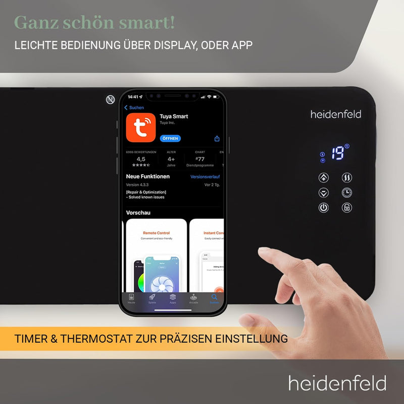 Heidenfeld Konvektor Heizung GK200 | 𝟯 𝐉𝐀𝐇𝐑𝐄 𝐆𝐀𝐑𝐀𝐍𝐓𝐈𝐄 - Glaskonvektor mit WLAN - 2000 Watt - Heizlüf