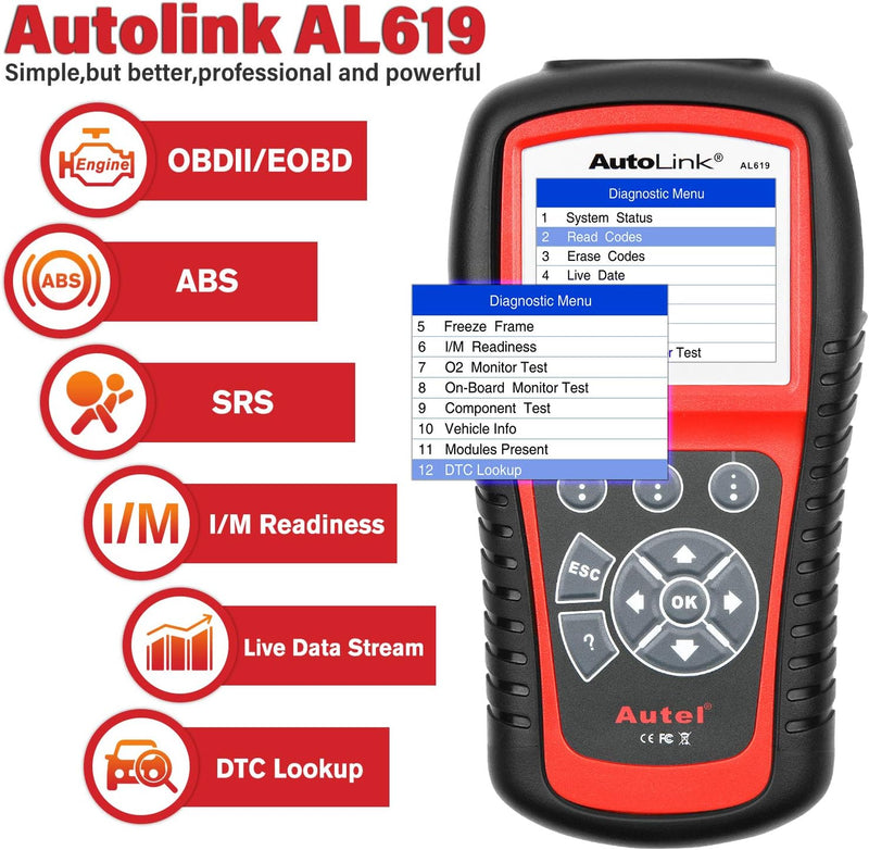 Autel AutoLink AL619 2023 Neuester OBD2 Scanner, Auto ABS/SRS Diagnosegerät, Zurücksetzen der ABS Ai