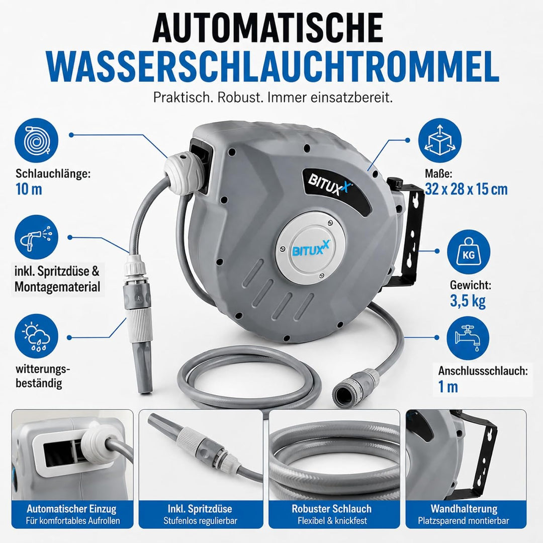 Bituxx Wand Wasser Schlauchtrommel Schlauchaufroller Wasserschlauchaufroller Schlauchbox Automatik (
