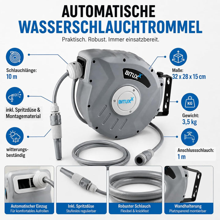 Bituxx Wand Wasser Schlauchtrommel Schlauchaufroller Wasserschlauchaufroller Schlauchbox Automatik (