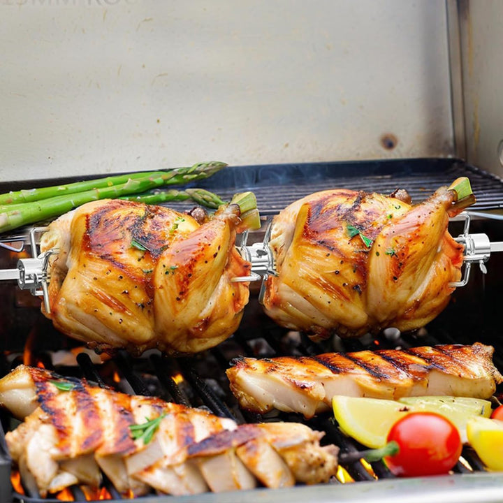 BUYGOO 3 Stück Fleischklammer für Drehspiess, 1 Doppel-Fleischklammer, 2 Vierzinken-Spiesse, Fleisch