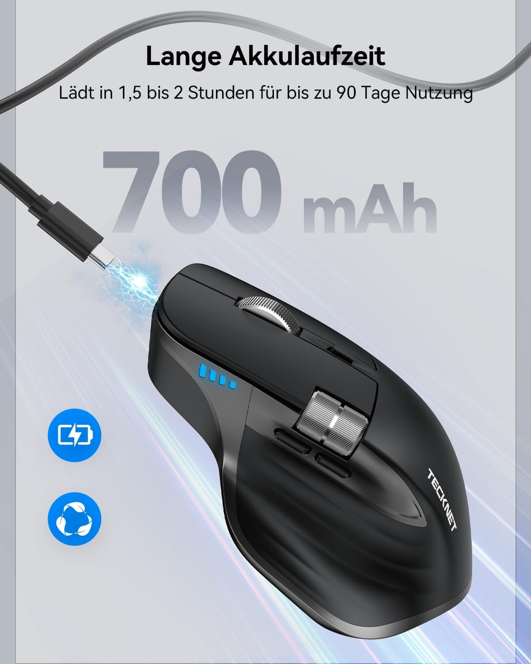 TECKNET Bluetooth kabellose Maus(BT 5.0/5.0+2,4G), Seitliches Mausrad, Superschnelles Scrollen, Wied