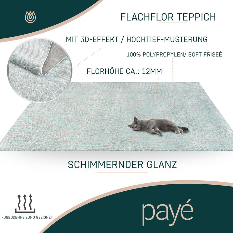 payé Teppich Läufer Flur - 80x300cm - Türkis Grau Einfarbig Wohnzimmer Uni Geometrische Muster Moder