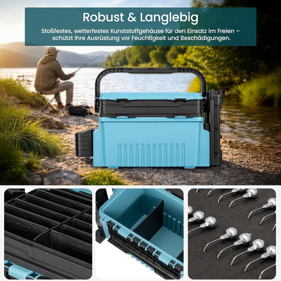 2-stöckig Gross Angelkoffer Tackle Box mit Rutenhalter & Becherhalter, klappbarem Tragegriff, 43×23×