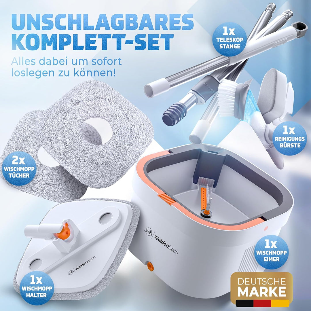 Weidenbach Wischmopp Set mit Eimer | 2-Kammer-System für saubere Schmutz- und Frischwassertrennung |