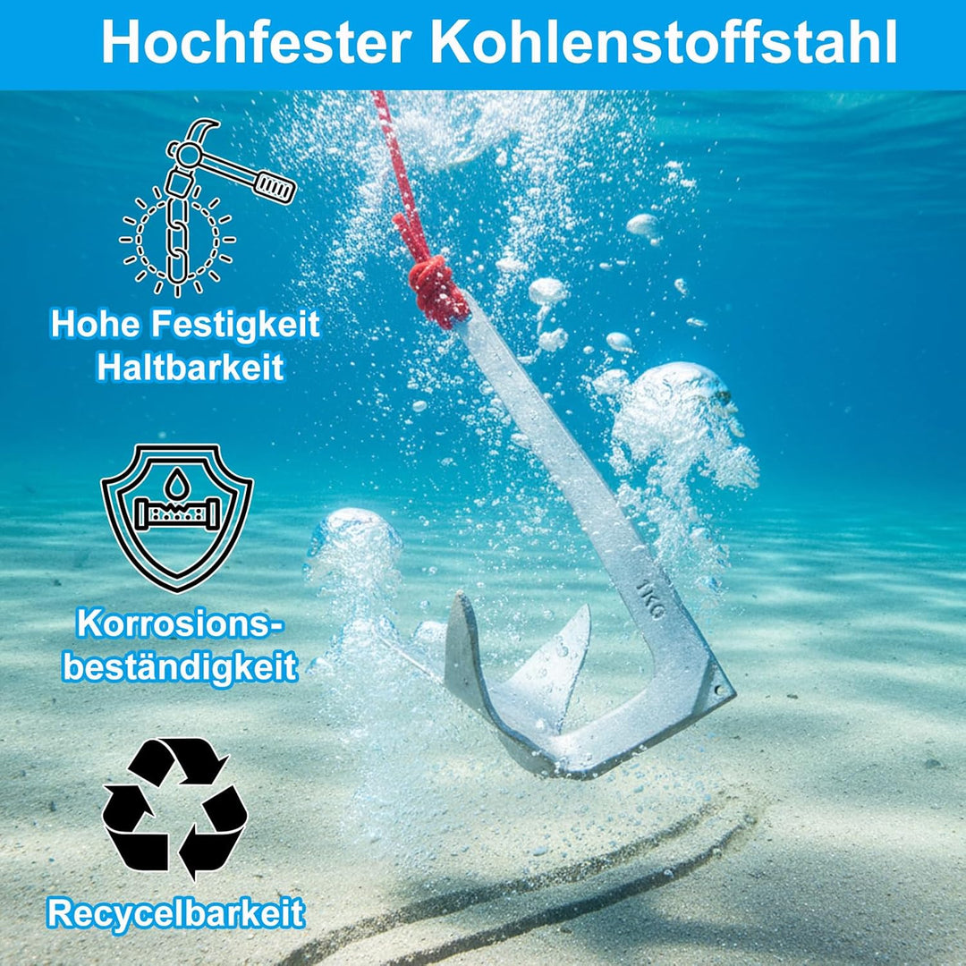 BeGrit 1KG Bruce Anker Stahl Verzinkt mit 10m reissfesten Ankerleine ø 6 mm &amp; Ankerboje Kugel Set fü