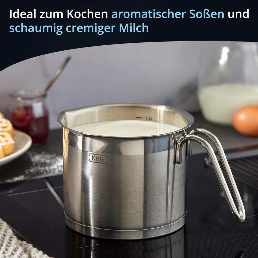 KHG Topf Kochtopf Milchtopf 14 cm Induktion, Edelstahl unbeschichtet | 11,5 cm hoher Rand, 1,5 Liter