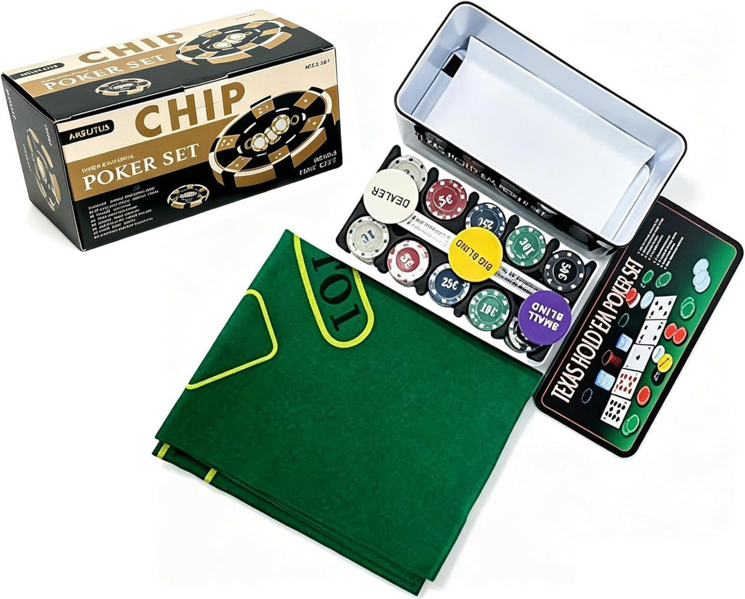 ISDI Poker-Set, Metallbox, 200 Pokerchips, 2 Decks, Dealer-Knopf, kleiner Blind, Big Blind, Spielmat