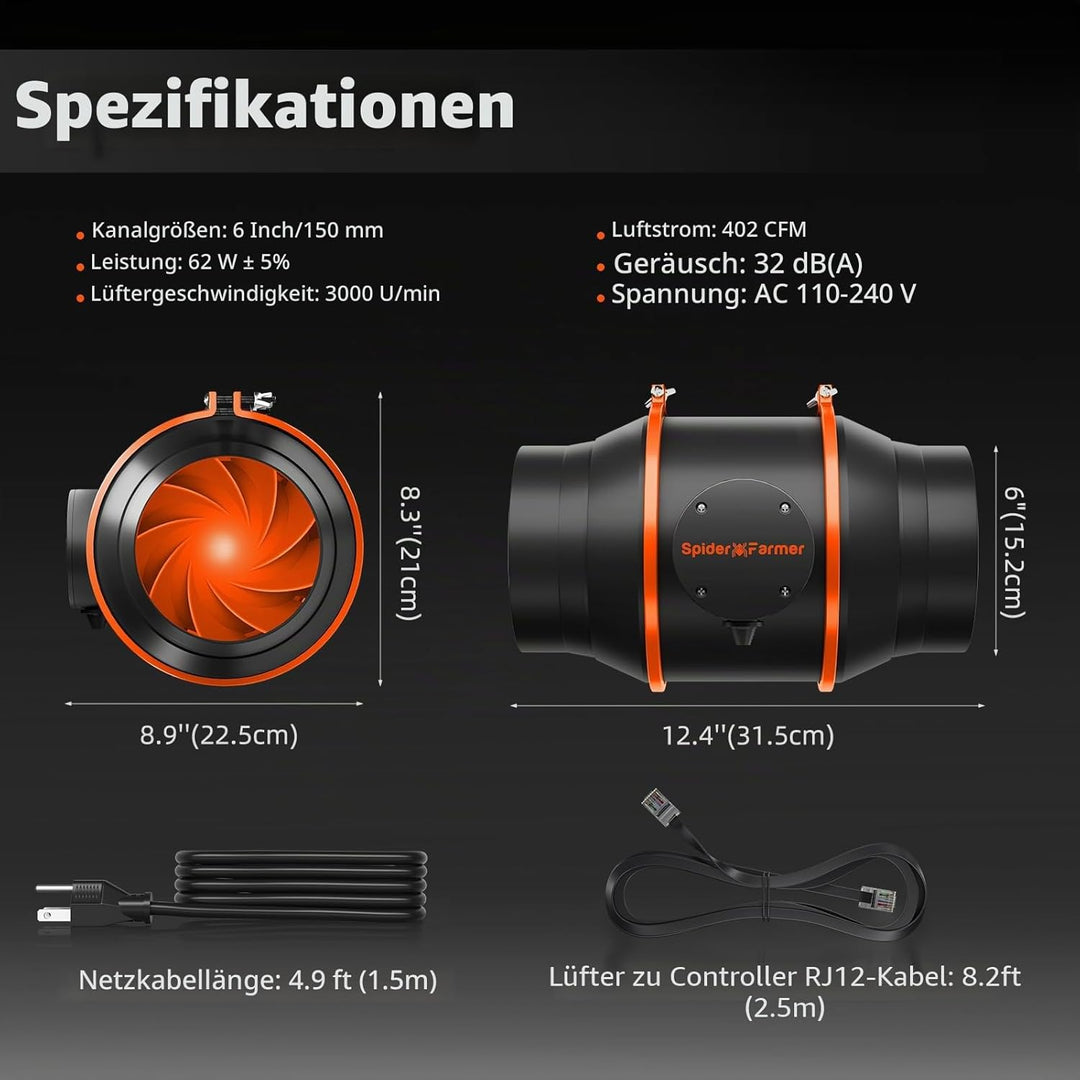 Spider Farmer 15cm Inline Kanalventilator mit Temperatur- und Luftfeuchtigkeitskontrolle Belüftung A